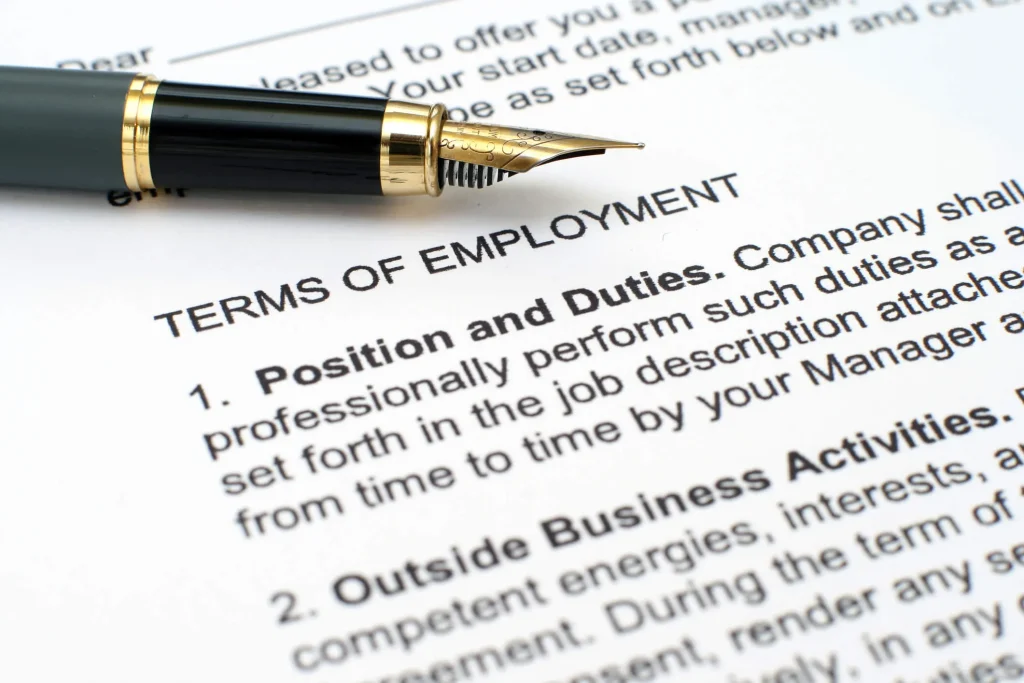 A job application outlining terms of employment.